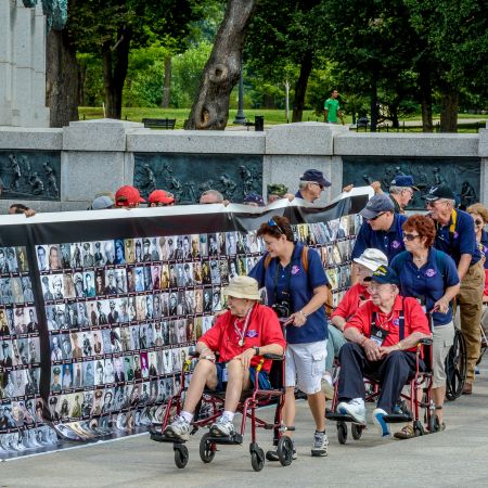 Honor Flight celebration with veterans of WWII at World War II Memorial in Washington, D.C.