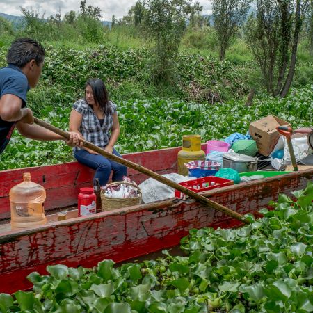 Couple transporting food supplies on trajinera and navigating the lily-pad infested canals of Xochimilco.