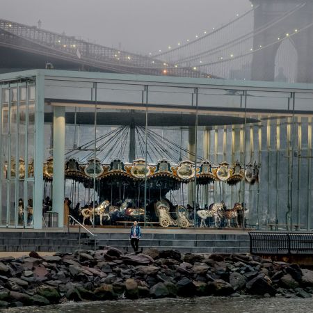 DUMBO's Jane's Carousel on a foggy dusk evening, New York.