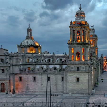 Mexico City Metropolitan Cathedral at dusk.