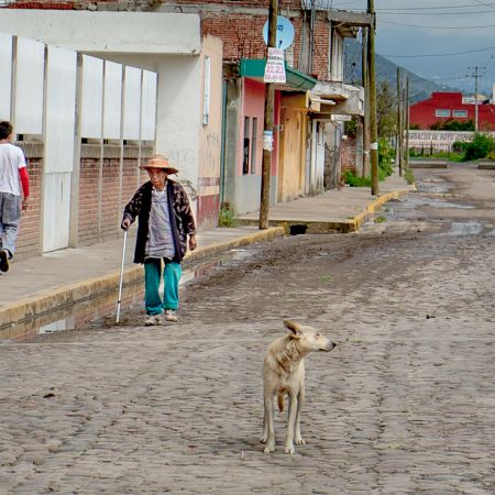 Puebla, Mexico side street with old woman and stray dog.