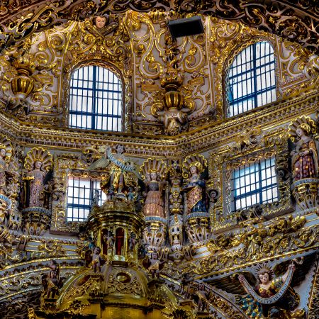 The gold dome of the Capilla del Rosario in Puebla, Mexico.