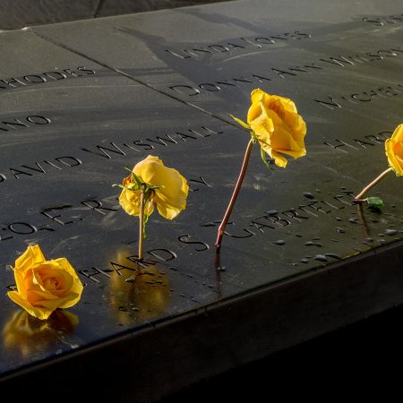 Flowers left at World Trade Tower Memorial.