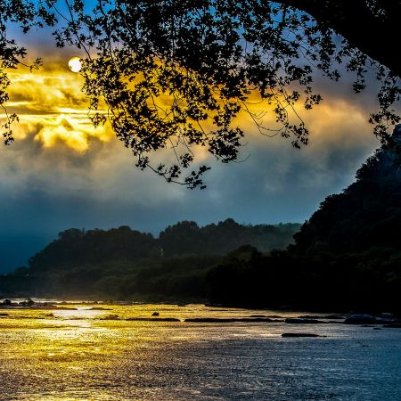 Night Landscape with river, moon and mountains at Harpers Ferry, West Virginia.