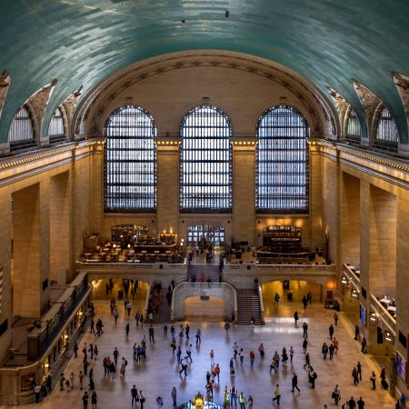 Overlook view of Grand Central Terminal at Penn Station including celestial mural, Tiffany clock and palladin windows.