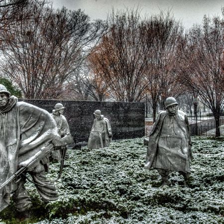 Korean War Memorial during snowfall in Washington, D.C.