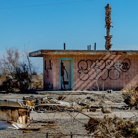 Abandoned beach community rest room facility at Salton Sea, California.