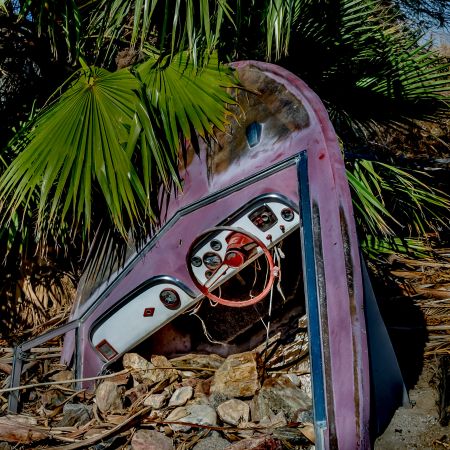 Abandoned pink motor boat at Salton Sea, California.