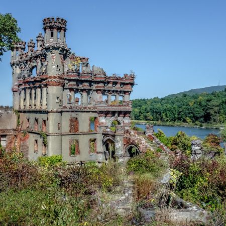 Abandoned Bannerman's Island Castle ruins on Pollepel Island on Hudson River in New York