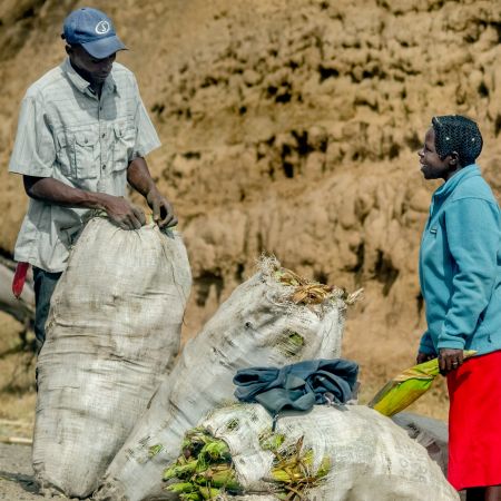 Kenyan man and woman with sacks of corn on the cob.