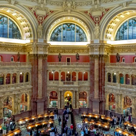 Overlook view of Main Reading Room at Library of Congress, Washington, D.C.