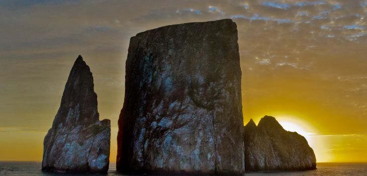 Kicker Rock at sunset near the Island of San Cristobal in Galapagos Islands, Ecuador.