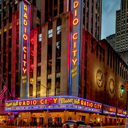 Radio City Music Hall at night in New York City.