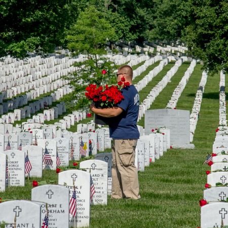 Volunteer placing roses on headstones of veterans at Arlington National Cemetery on Memorial Day.