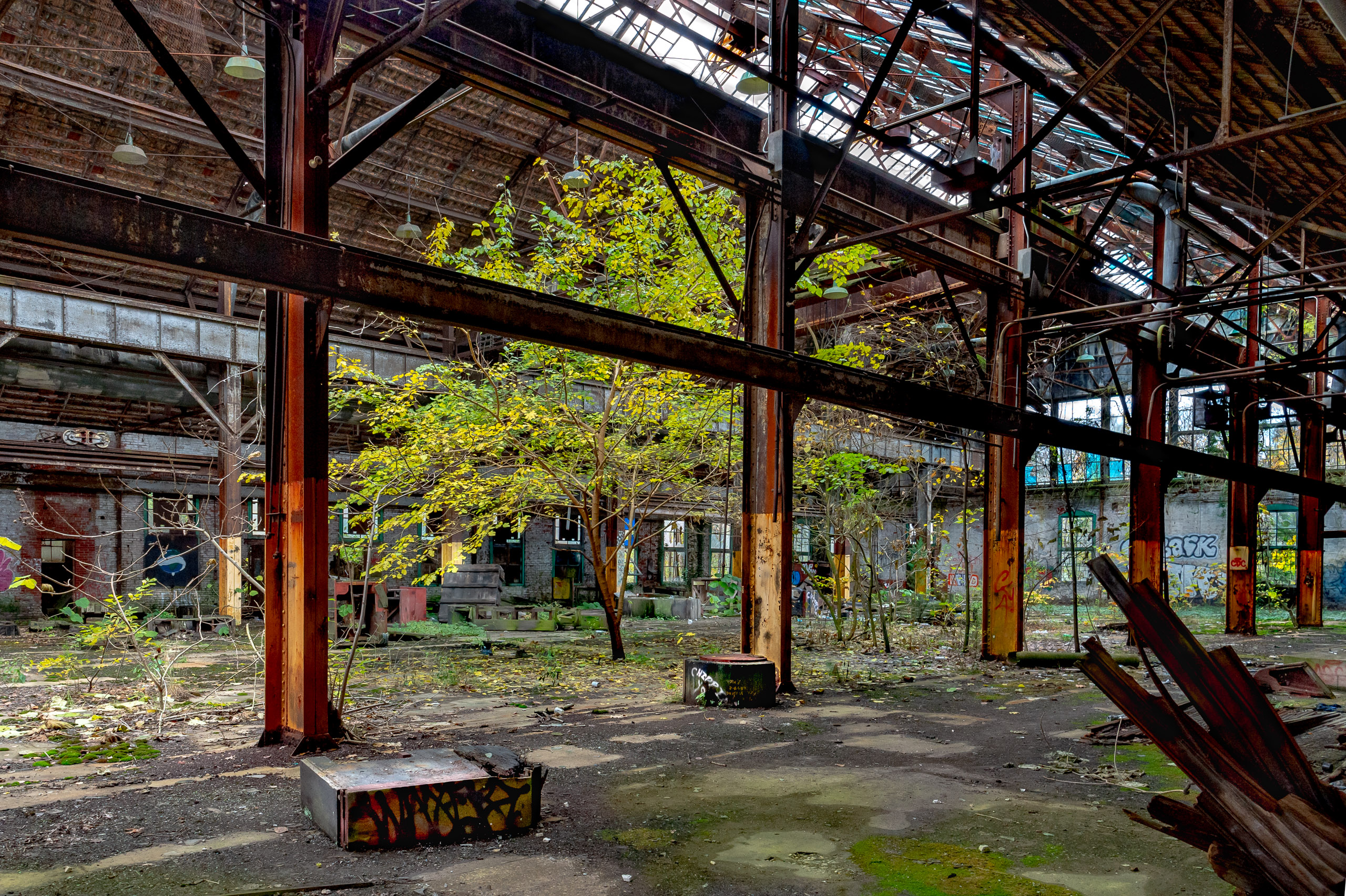 Abandoned Machine Factory with Steel Beams and Gantry Crane