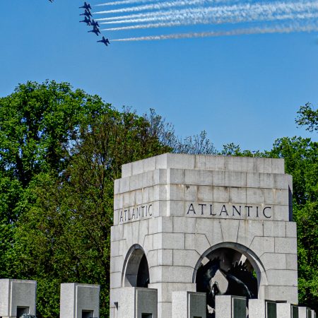 Thunderbirds and Blue Angels flyover at World War II monument in Washington DC in honor of health care workers during COVID