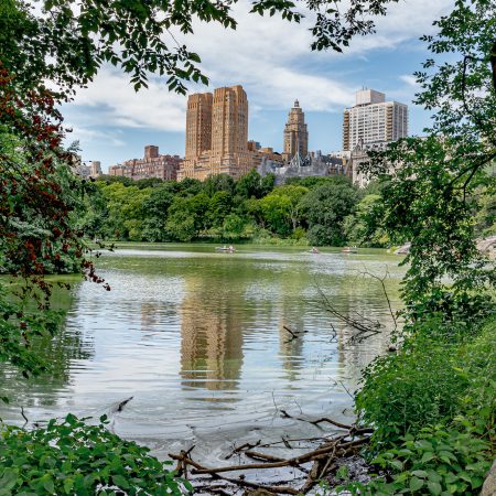 Skyline and lake landscape in Central Park, New York.