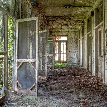 Veranda of abandoned hospital with screen doors and overgrowth of vines and moss.