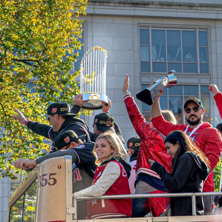 Washington Nationals National Championship Win Parade with winning trophy in Washington DC