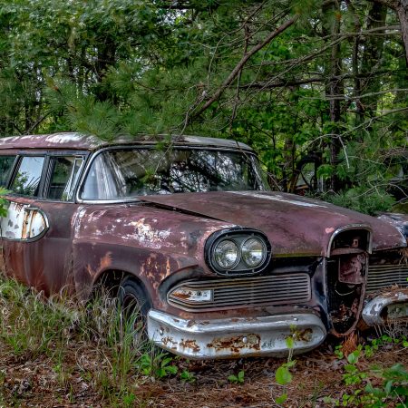 1958-1960 era Ford Edsel Station-wagon sitting in the woods.