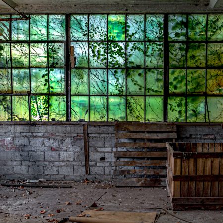 Abandoned Yorklyn, Delaware vulcanized fiber factory warehouse with vines on windows.