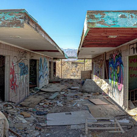 A former robust Salton City housing community, now deteriorating and graffiti covered, once offered beachside views of the Salton Sea.