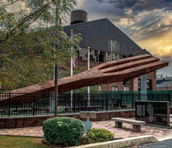 The monument to 9/11 features the steel trident structural support from a collapsed World Trade Center tower and in front of the abandoned Lukens Steel Mill in Coatesville Pennsylvania.