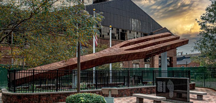 The monument to 9/11 features the steel trident structural support from a collapsed World Trade Center tower and in front of the abandoned Lukens Steel Mill in Coatesville Pennsylvania.